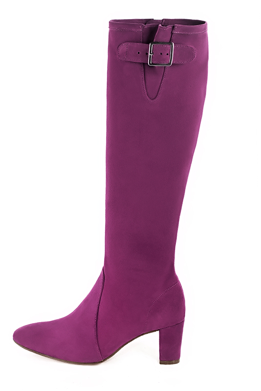 Mulberry purple women's knee-high boots with buckles. Round toe. Medium block heels. Made to measure. Profile view - Florence KOOIJMAN